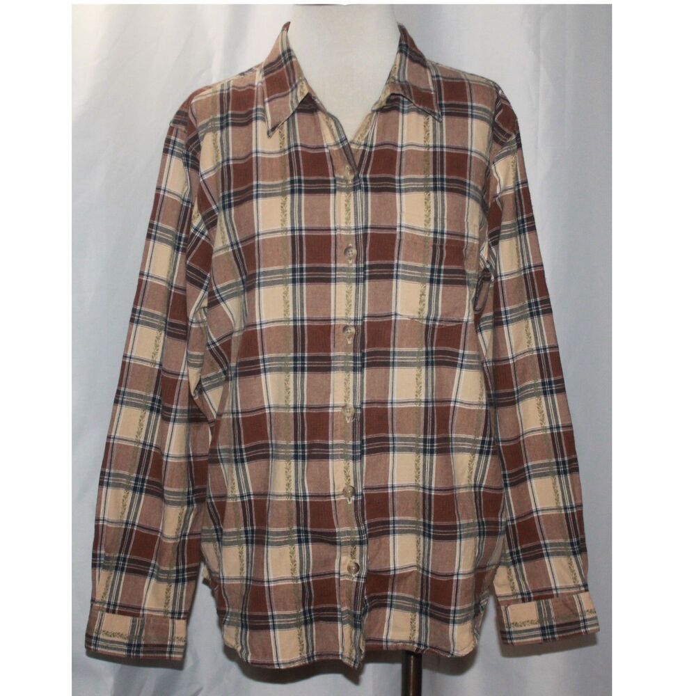 Vintage Classic Elements 100% Cotton Brown & Beige Plaid Button Up Shirt Size XL